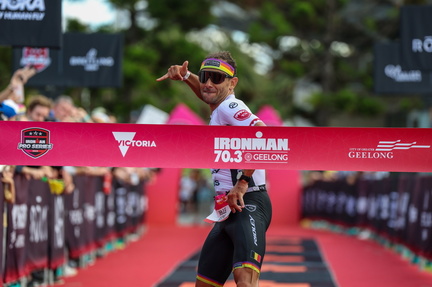 Jelle Geens taking the win at IRONMAN 70.3 Geelong - Photo Korupt Vision