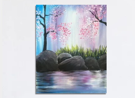 Paint Nite Cherry Blossoms on the Rocks