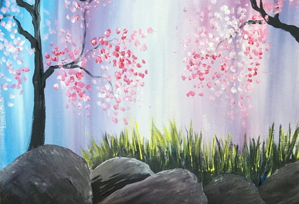 Paint Nite Cherry Blossoms on the Rocks